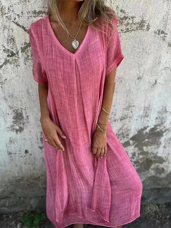 Leonie™ – Mühelose Eleganz: Das Luftige Baumwoll-Leinen V-Ausschnitt Kleid